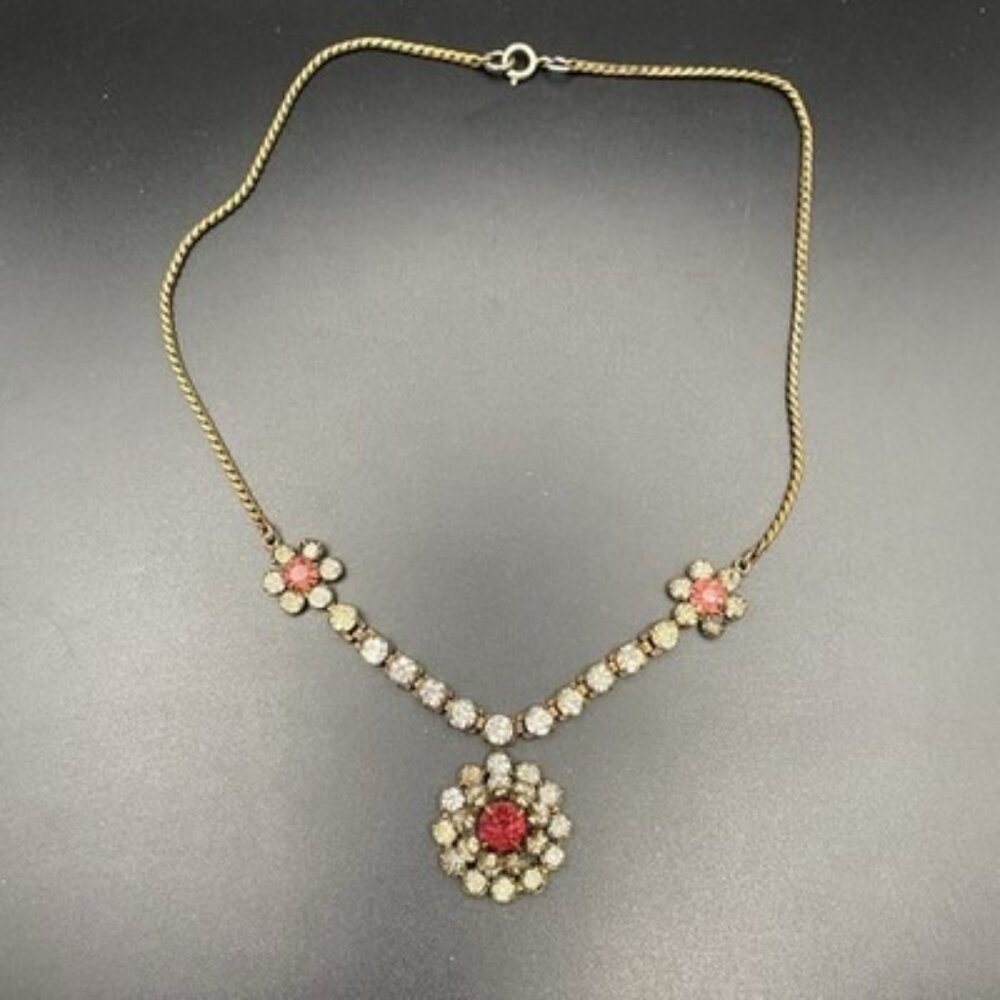 Vtg 1940s Rhinestone Necklace Dark Pink Clear Floral Brass UV Glow Stones 16.5" - Picture 1 of 10